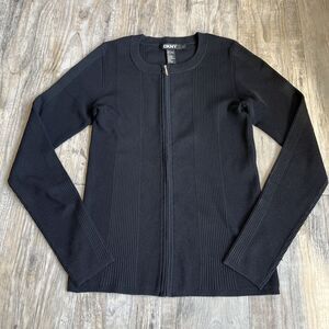 Vintage DKNY Black Zip Up Ribbed Cardigan Sweater Women’s Large Y2K Minimalist
